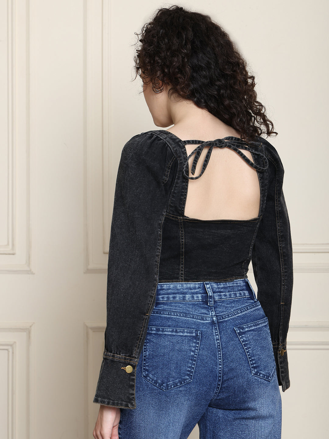 PUELLA Women’s Black Denim Corset Top | Full Sleeve Front Zipper Western Crop Top for Party, Casual & Clubwear