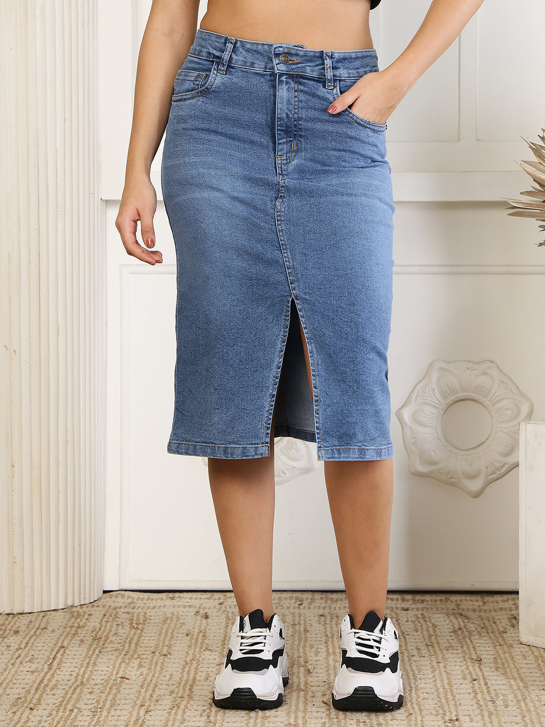 Women’s Solid A-line Light Blue Denim Skirt