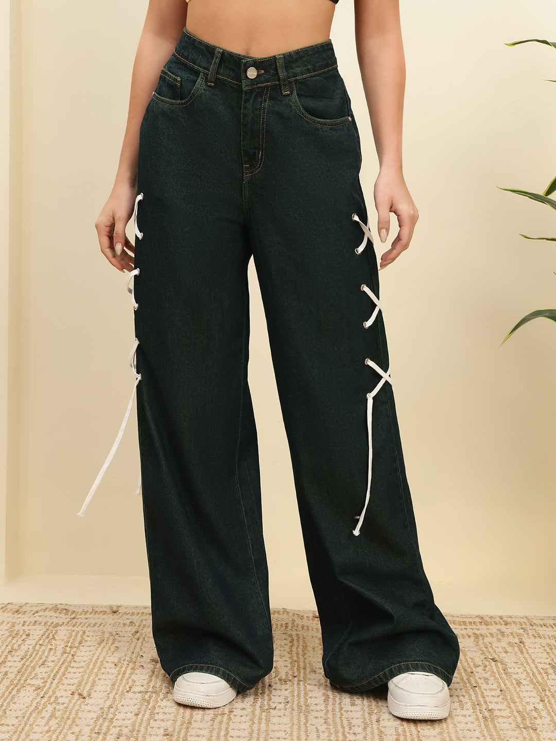 Women’s Green Tint High-Rise Loose Fit Jeans with Side Lace-Up Detail