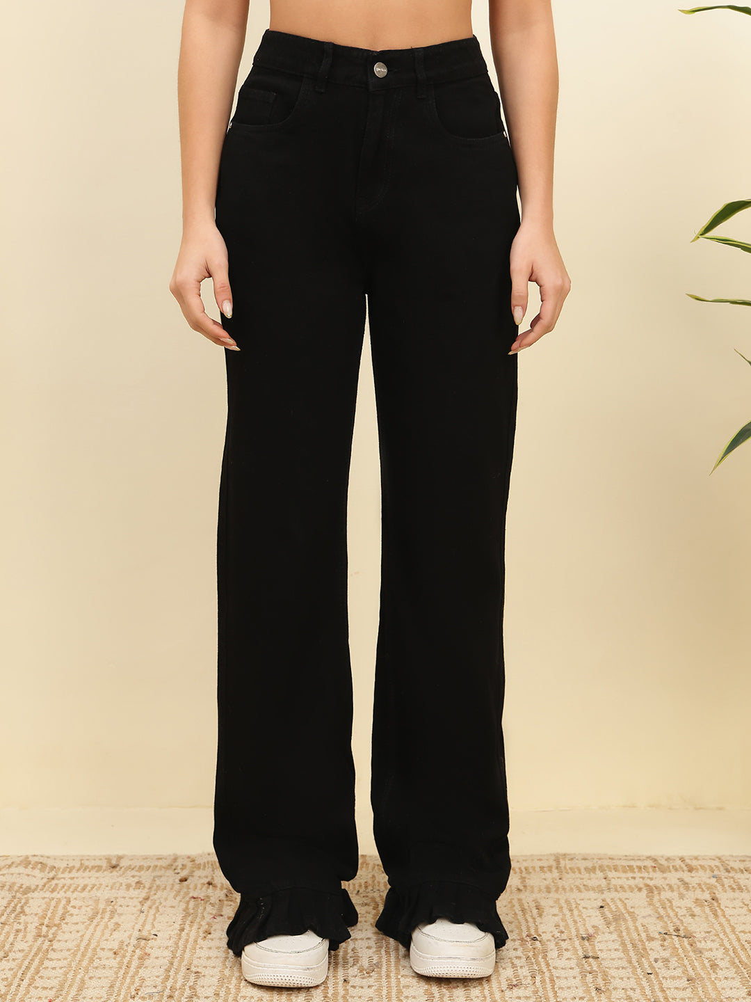 Women’s Black High-Rise Straight Fit Jeans with Ruffled Hem Detail