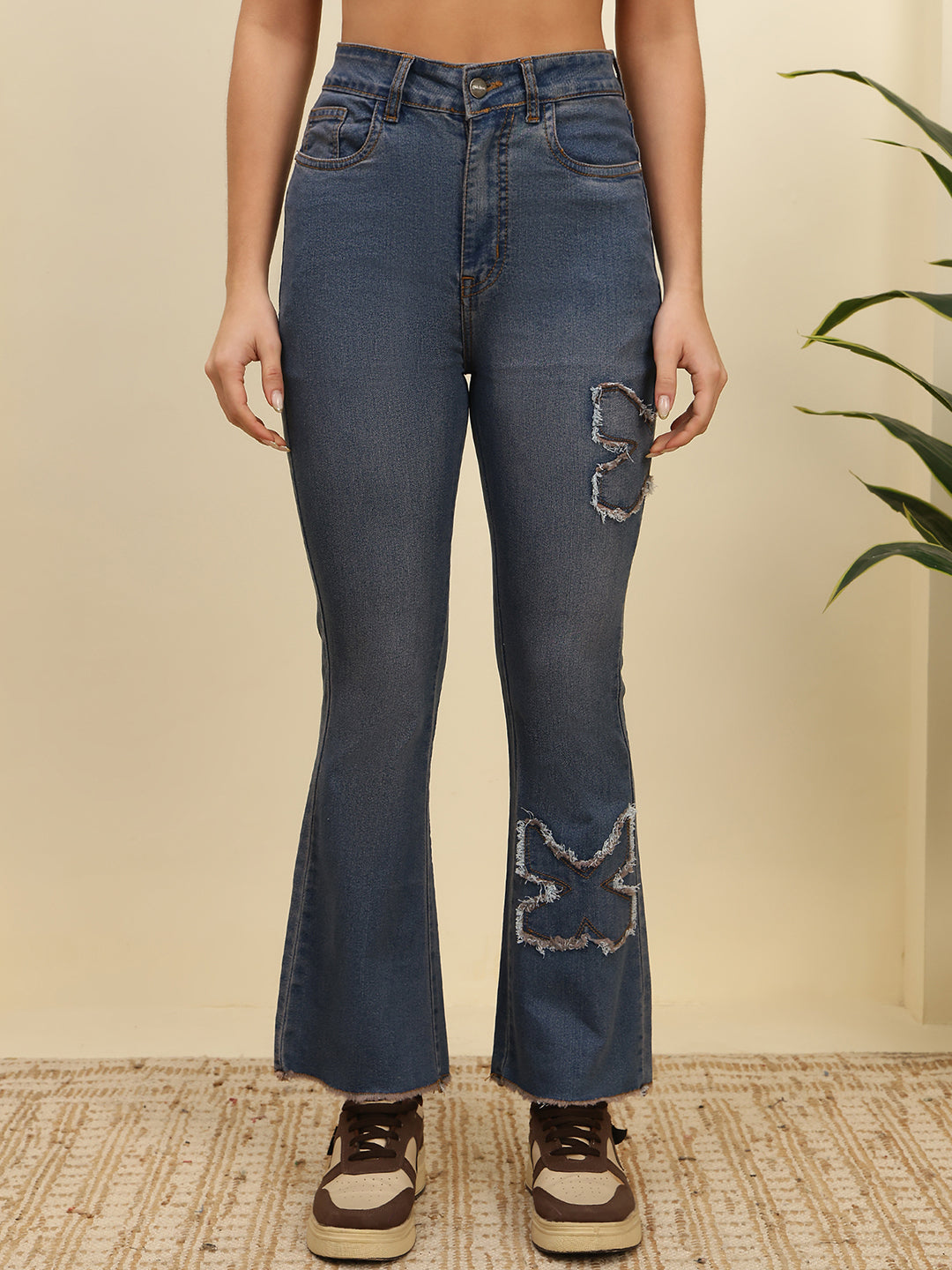 Women’s Blue High-Rise Flare Jeans with Frayed Patch Design