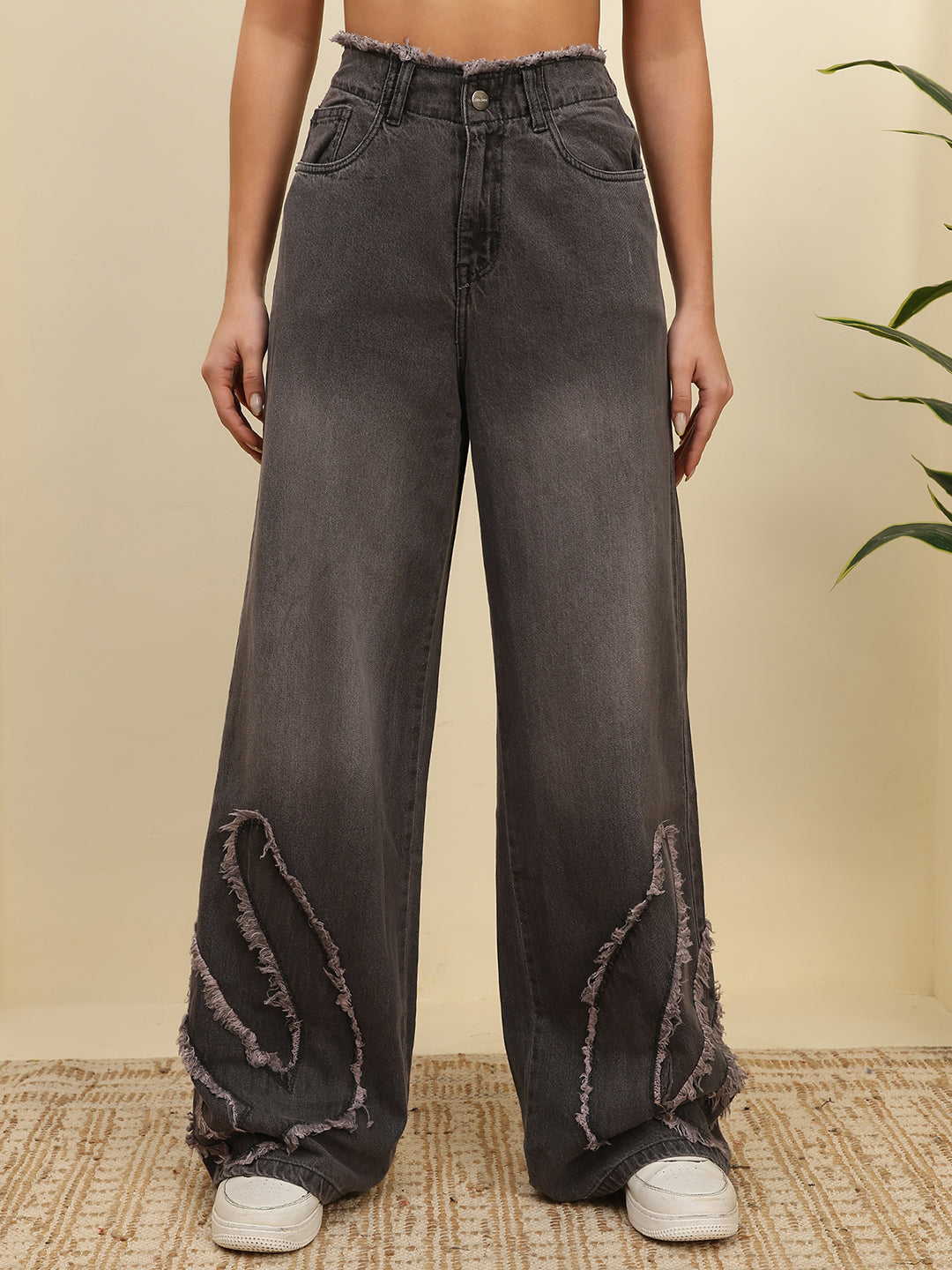 Women’s Grey High-Rise Baggy Fit Distressed Jeans