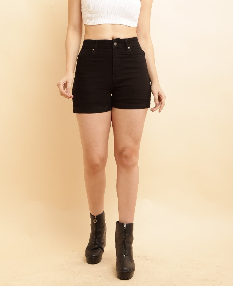 PUELLA Women’s Black High-Rise Slim Fit Denim Shorts with Folded Hem