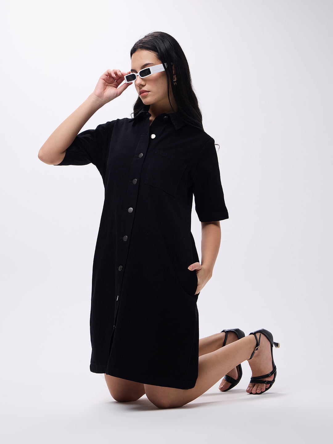 PUELLA Women’s Black Denim Shirt Dress with Half Sleeves & Button-Down Front