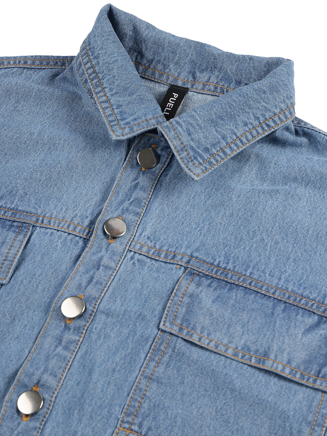 PUELLA Women's Light Blue Boxy Fit Cropped Denim Shirt