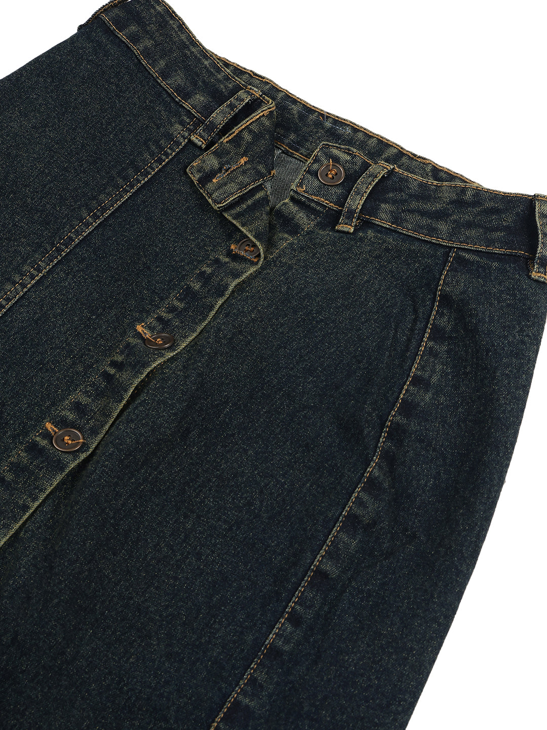 Women’s Dark Wash Paneled Denim Skirt with Front Buttons