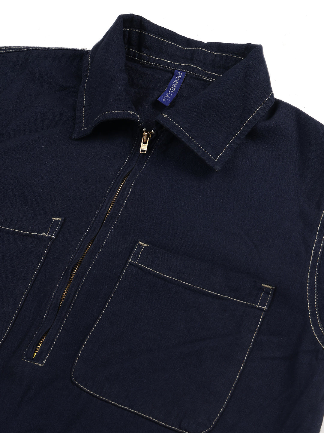 Women's Navy Blue Long Sleeve Denim Shift Dress – Casual High-Neck Quarter-Zip Mini Dress with Contrast Stitching