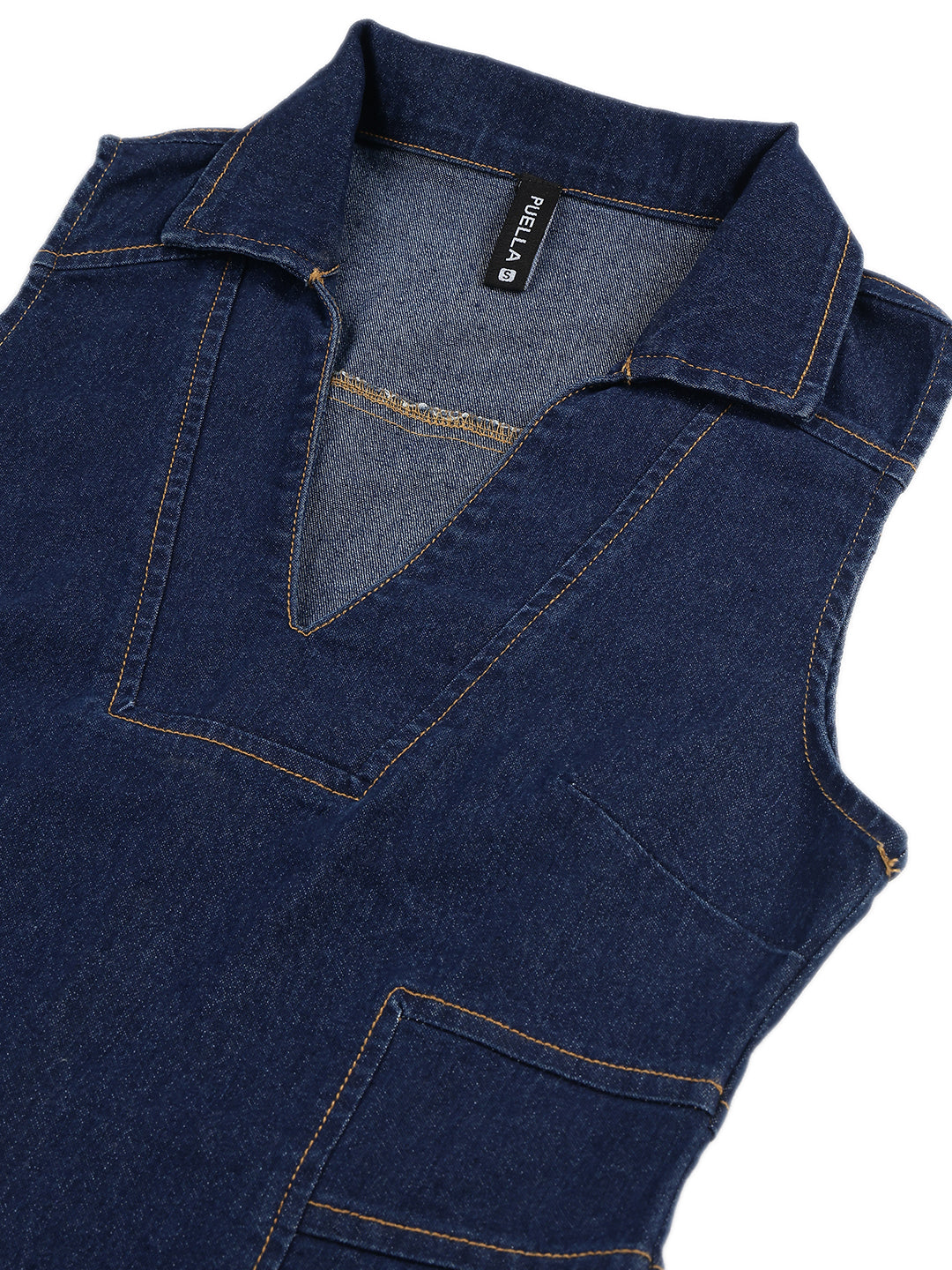 Women's Deep Indigo Sleeveless Denim Midi Dress – Sophisticated V-Neck Notch Collar Fit-and-Flare Dress