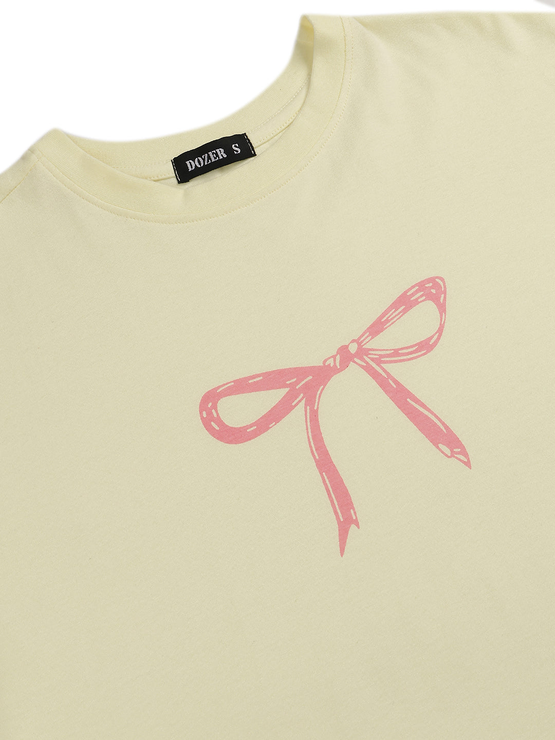 Dozer Minimalist Pink Bow Graphic Cream T-Shirt