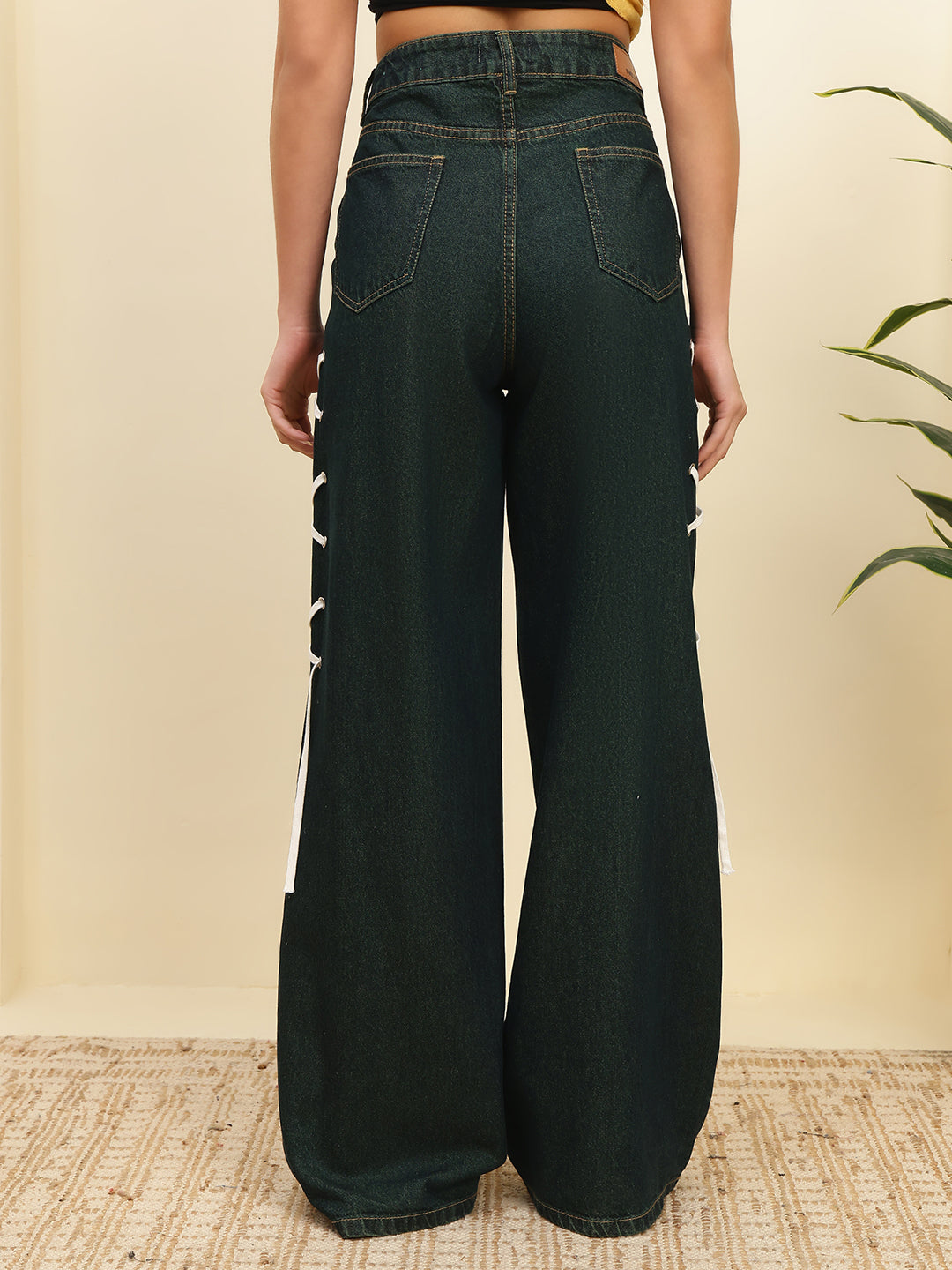 Women’s Green Tint High-Rise Loose Fit Jeans with Side Lace-Up Detail