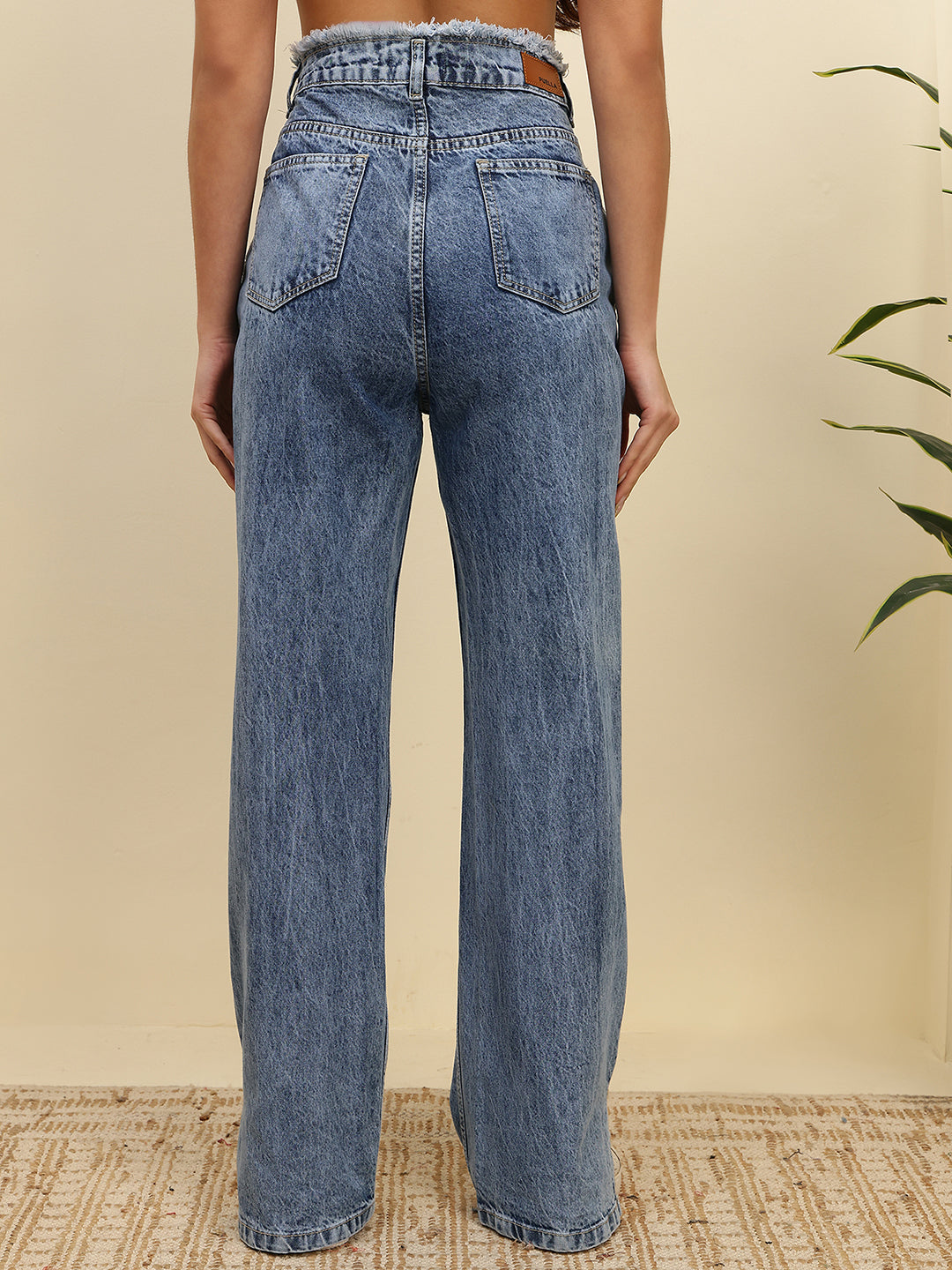 Women’s Blue High-Rise Straight Fit Jeans with Raw Edge Waist and Front Slit