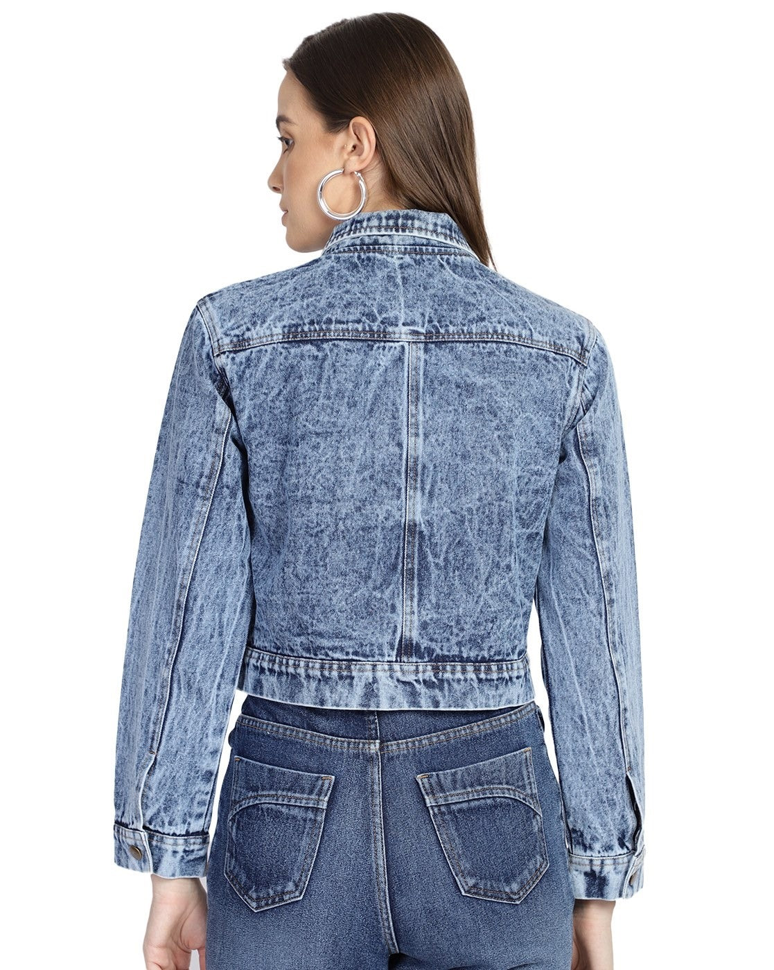 PUELLA Women’s Light Blue Acid Wash Cropped Denim Jacket with Button Closure