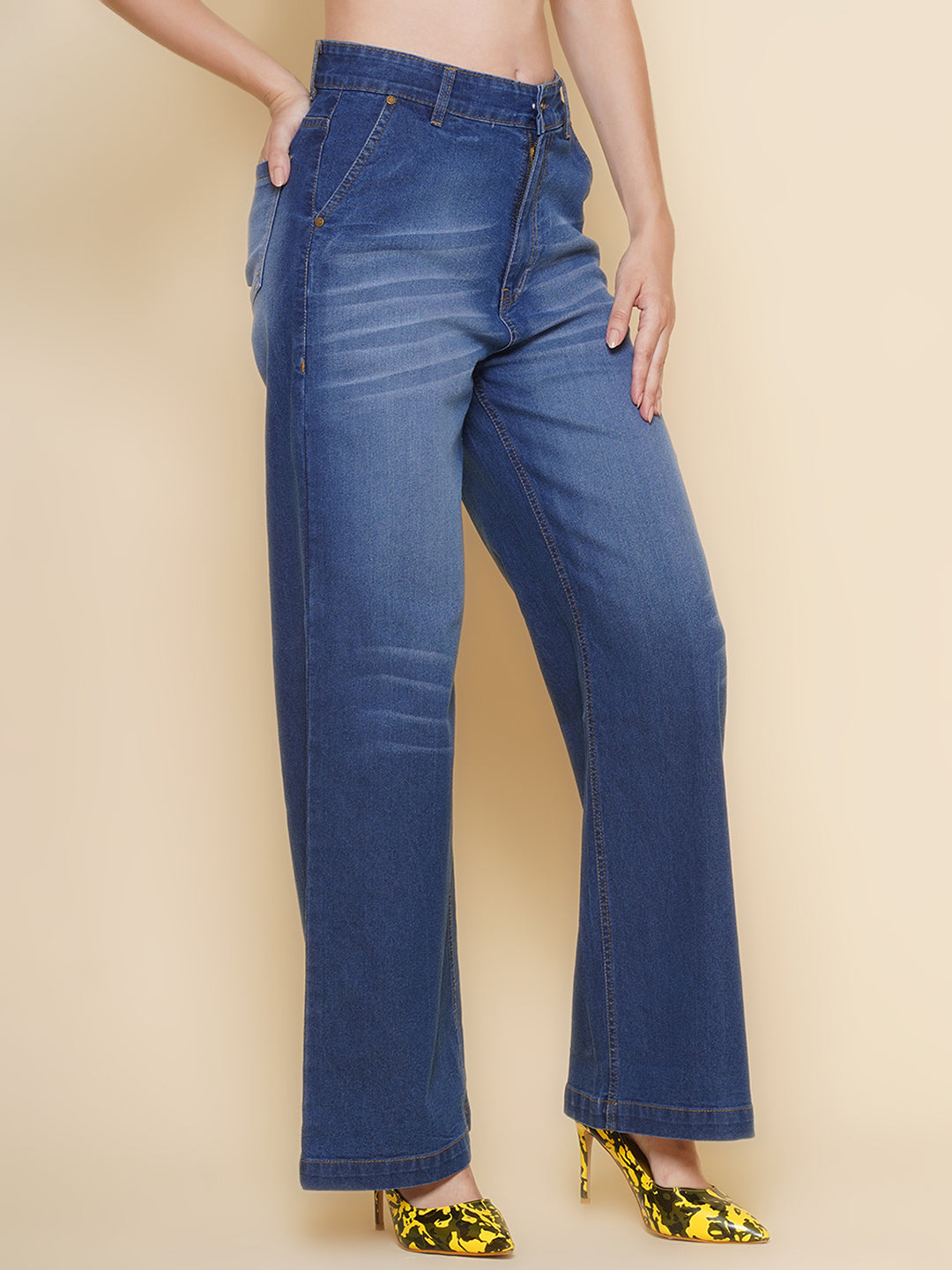 PUELLA Women’s Mid-Blue High-Rise Wide-Leg Jeans