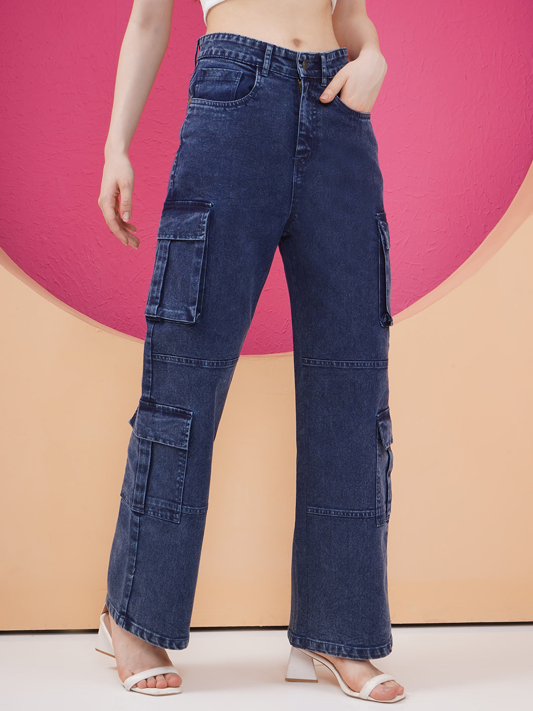 PUELLA Women Dark Blue High-Rise Cargo Wide-Leg Jeans