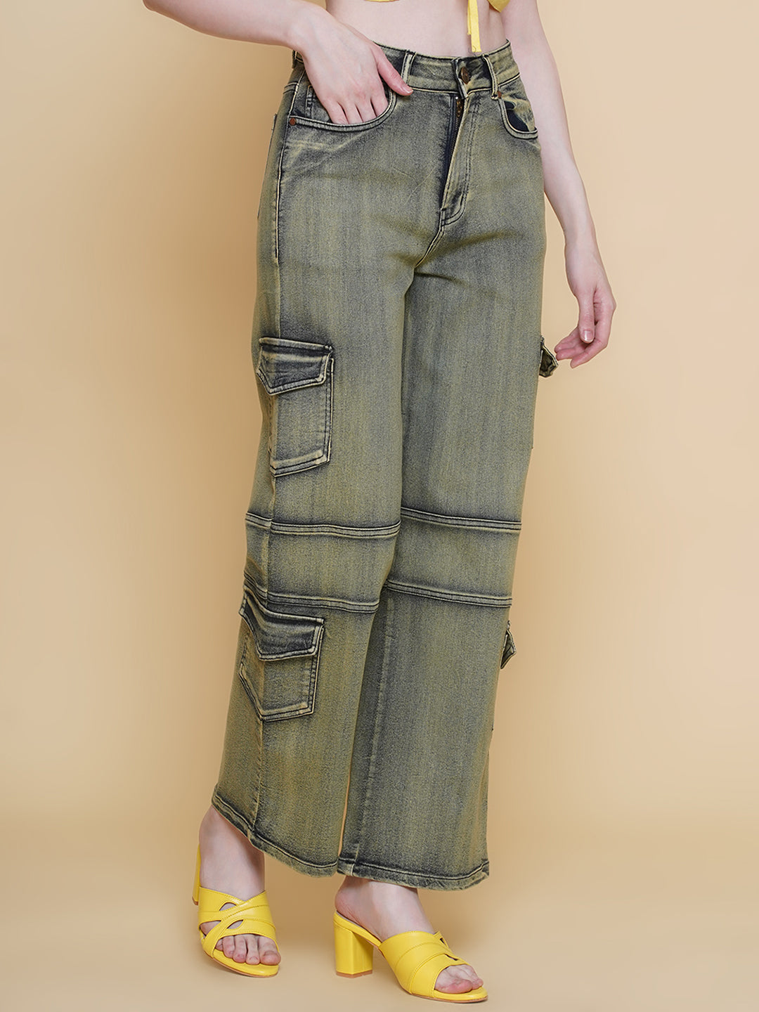 PUELLA Women Olive-Yellow Washed High-Rise Cargo Jeans