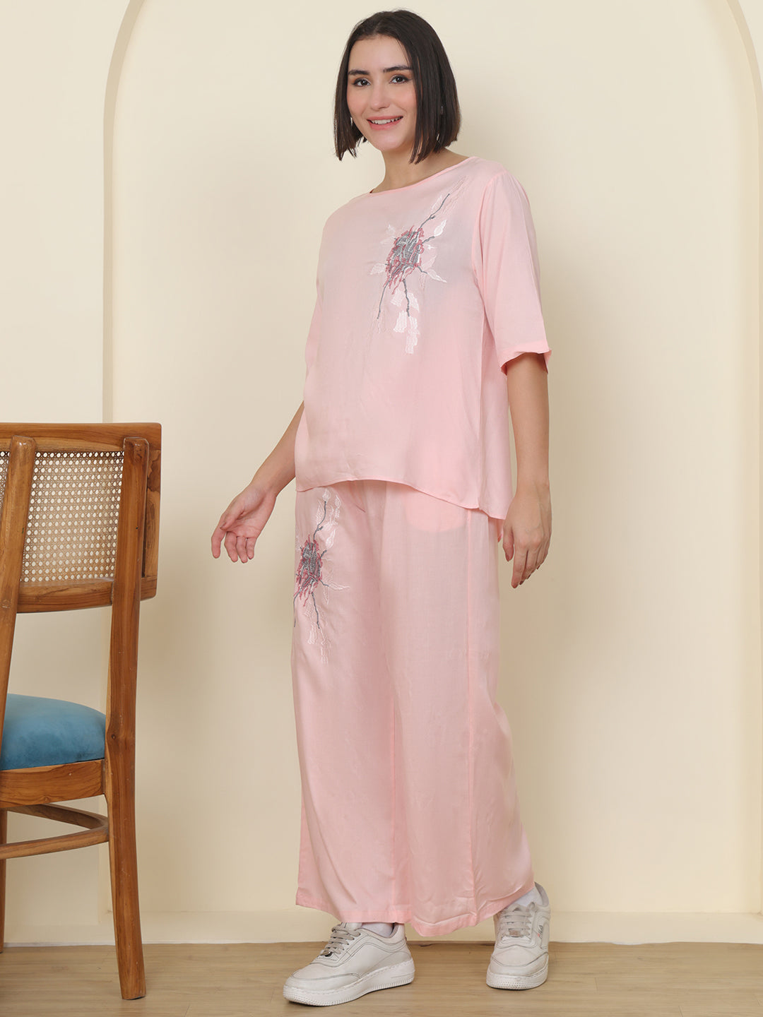 PUELLA Women Blush Pink Embroidered Pure Cotton Co-ord Set