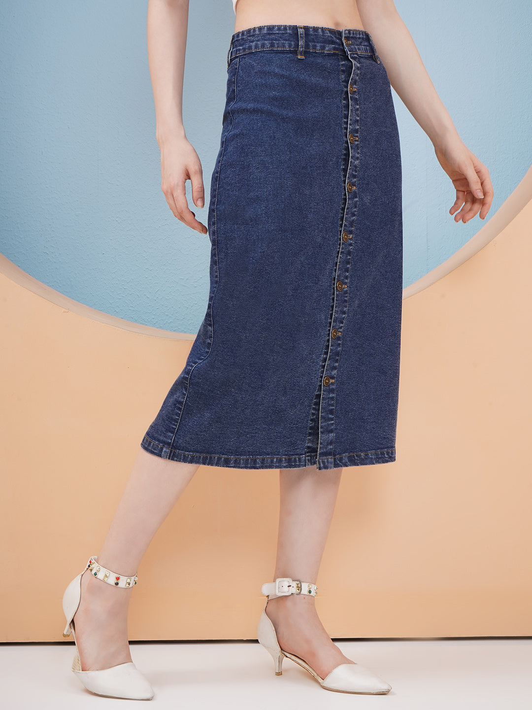 PUELLA Women’s Dark Blue Button-Down Denim Midi Skirt
