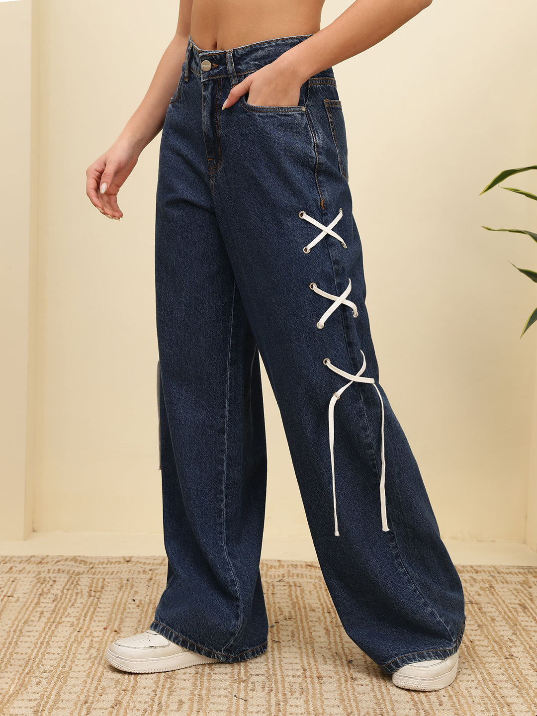 Women’s Dark Blue High-Rise Loose Fit Jeans with Side Lace-Up Detail