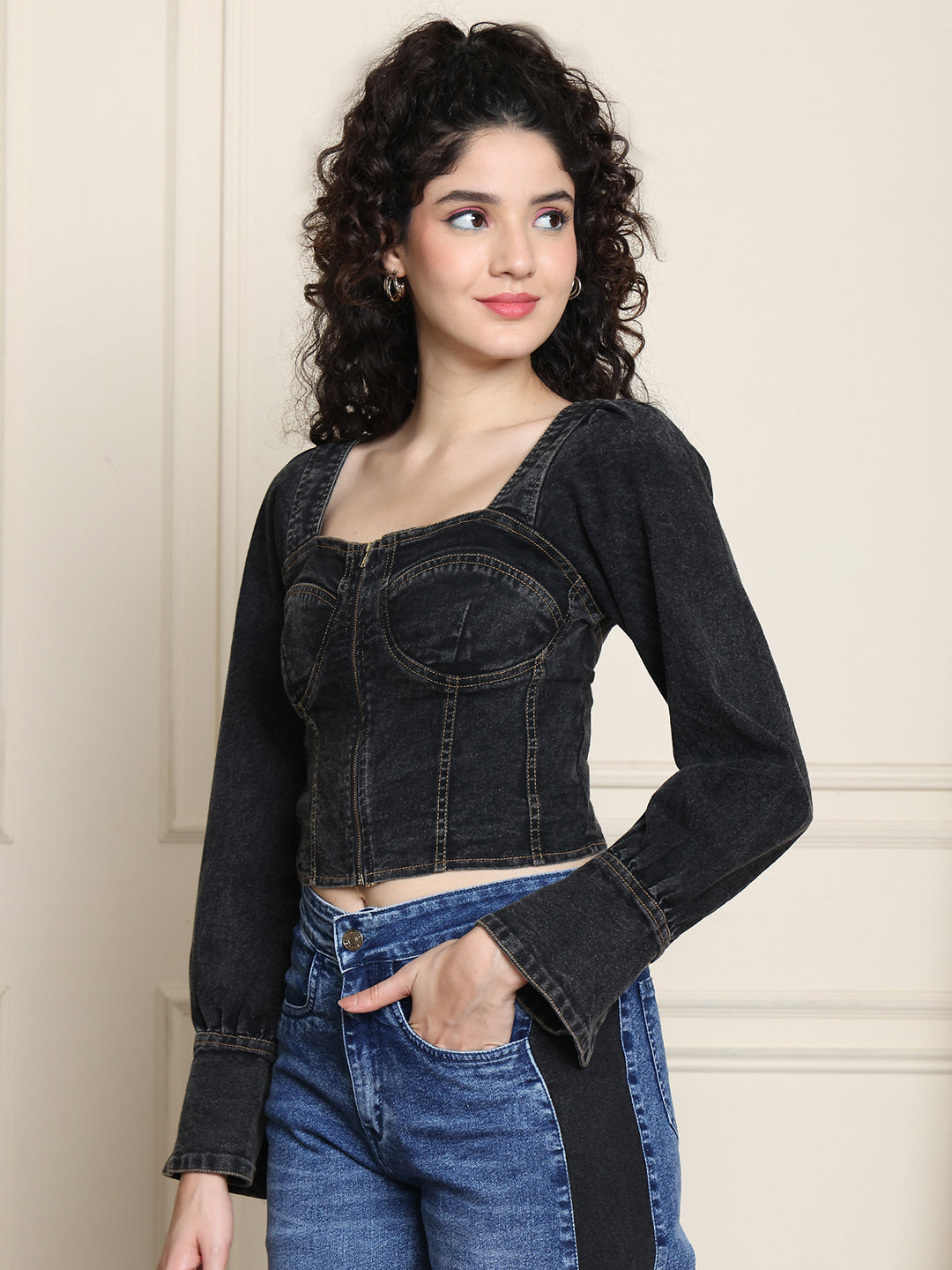 PUELLA Women’s Black Denim Corset Top | Full Sleeve Front Zipper Western Crop Top for Party, Casual & Clubwear
