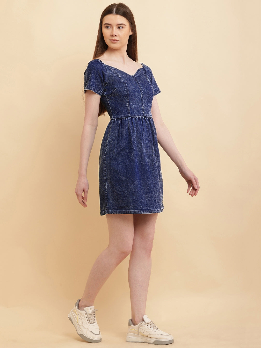 PUELLA Women Blue Solid Denim Sweetheart Neck Mini Dress