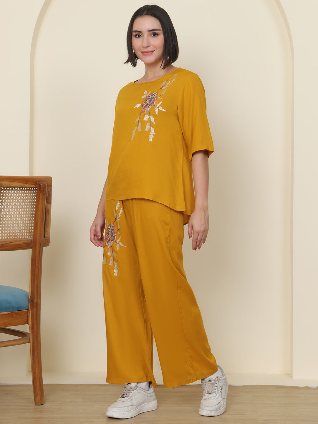 PUELLA Women Mustard Yellow Embroidered Pure Cotton Co-ord Set