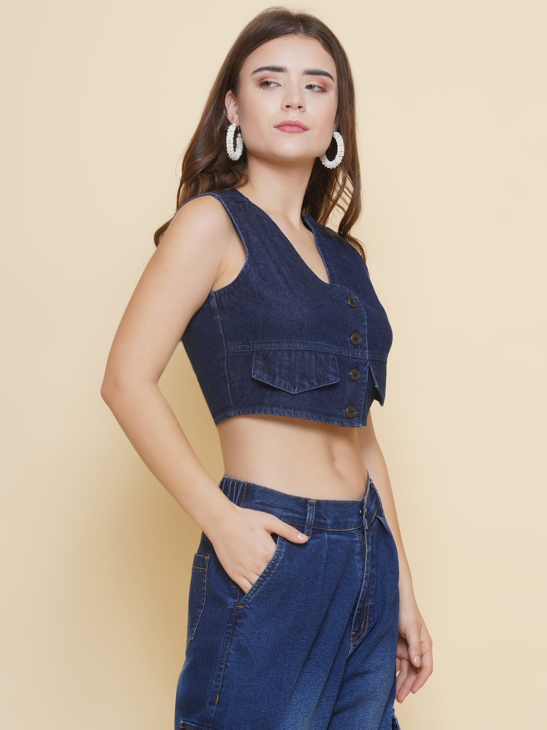 PUELLA Women’s Dark Blue Denim Sleeveless Crop Top with V-Neck & Button Front