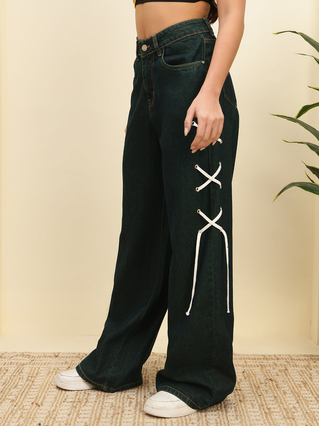 Women’s Green Tint High-Rise Loose Fit Jeans with Side Lace-Up Detail