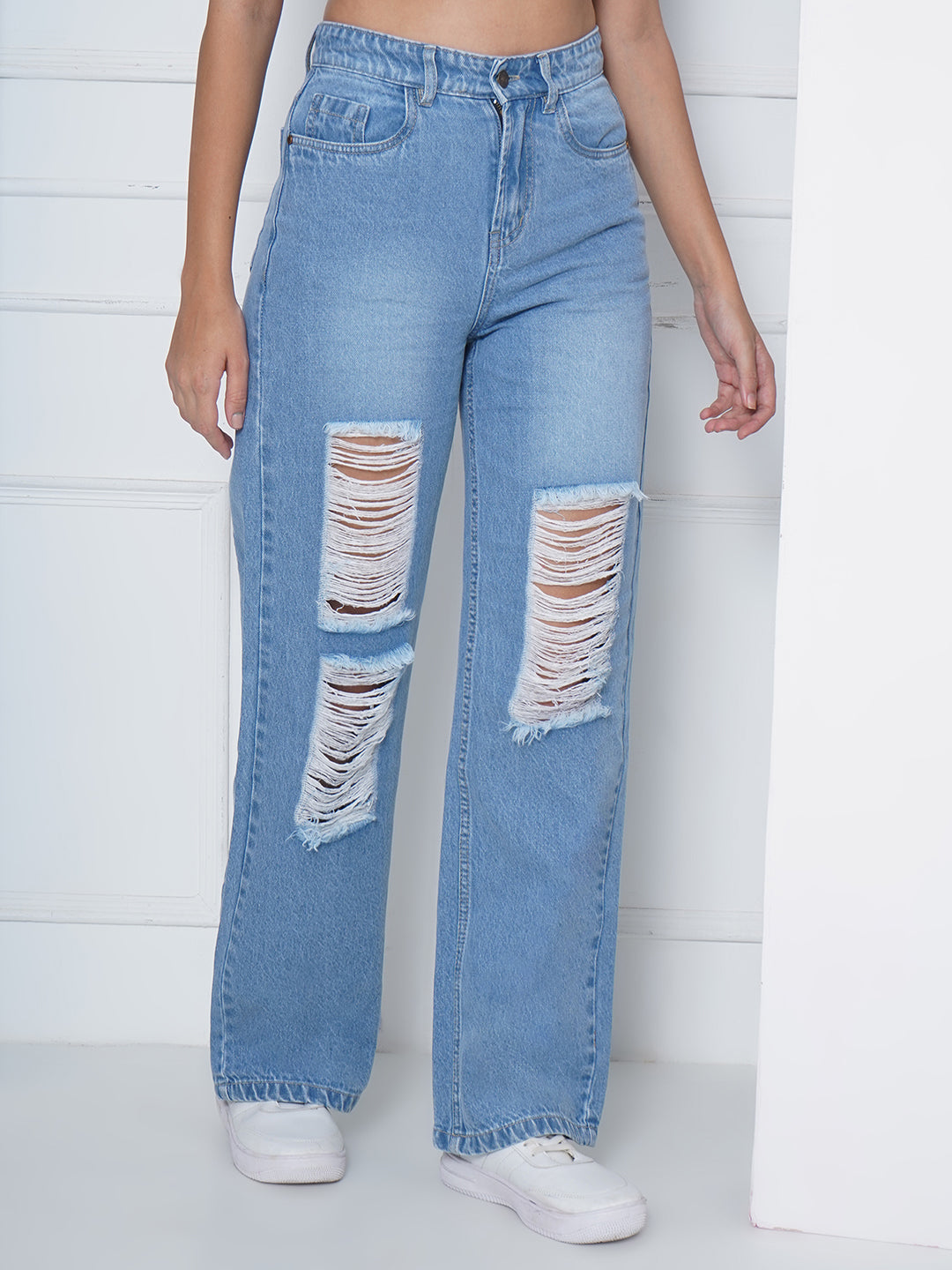 PUELLA Women Light Blue High-Rise Distressed Wide-Leg Jeans