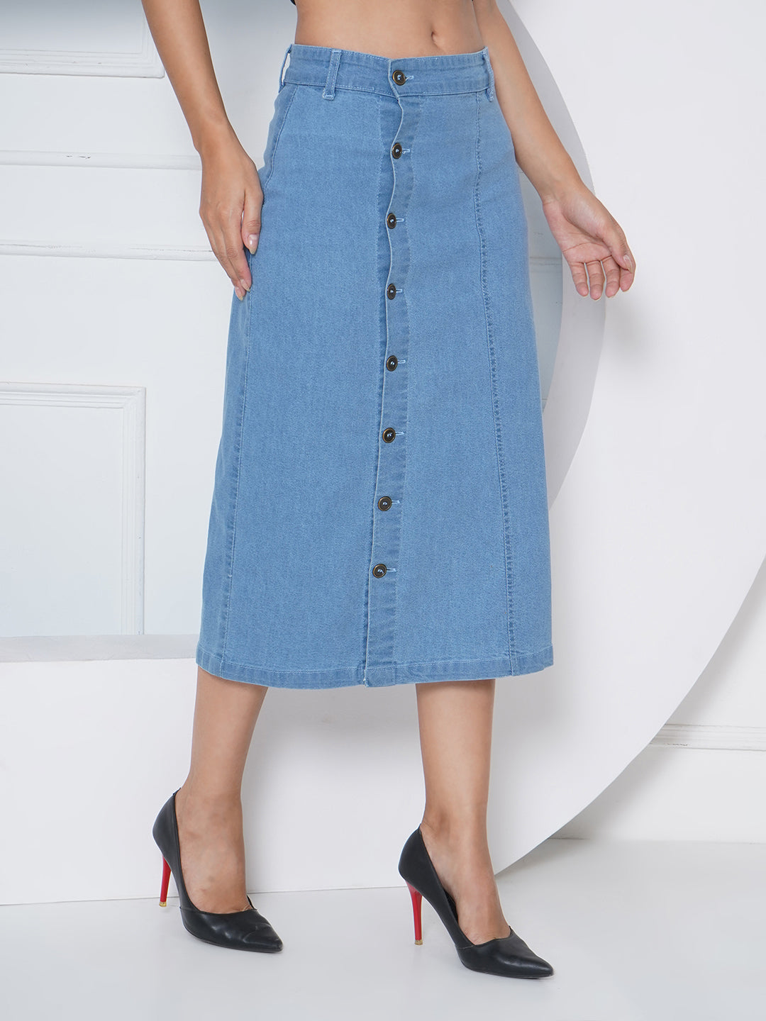 PUELLA Women’s Blue Button-Down Denim Midi Skirt