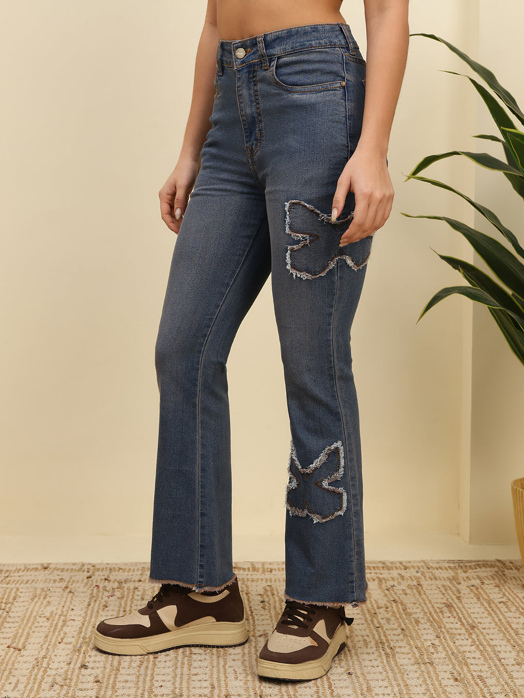 Women’s Blue High-Rise Flare Jeans with Frayed Patch Design