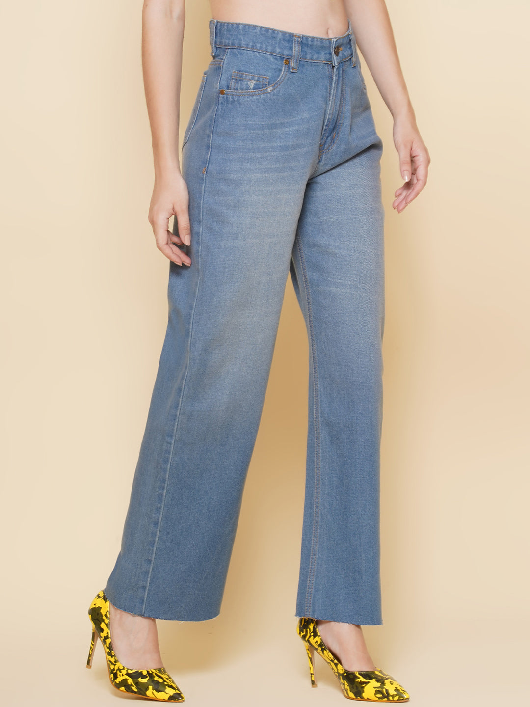 PUELLA Women’s Mid Blue High-Rise Wide-Leg Jeans