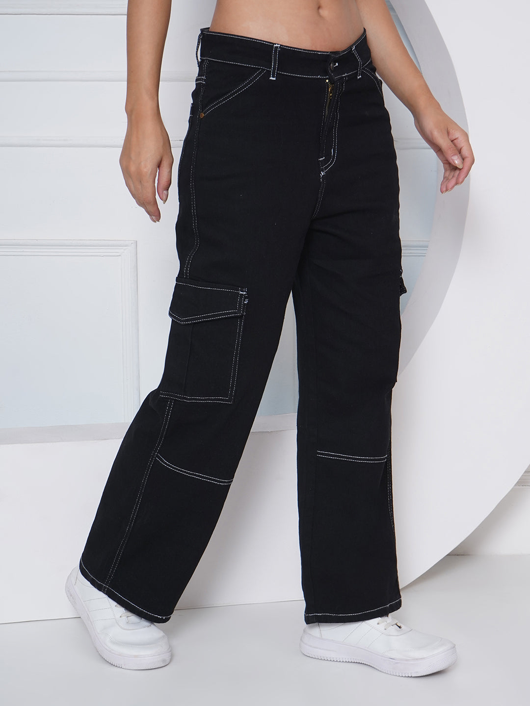 PUELLA Women Black Contrast Stitch Cargo Wide-Leg Jeans