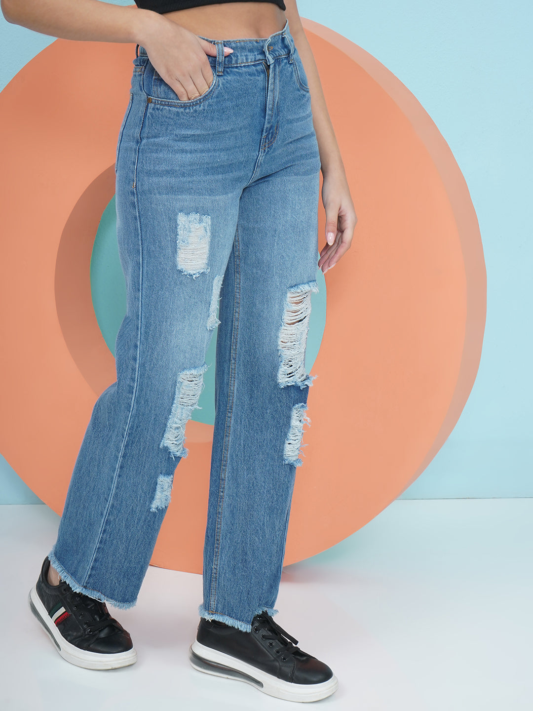 PUELLA Blue High-Rise Highly Distressed Straight Fit Jeans