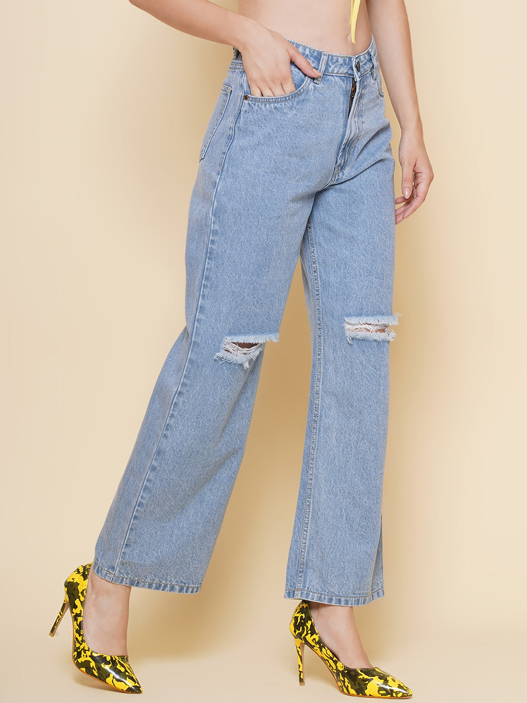 PUELLA Women’s Light Blue Distressed Wide-Leg Jeans