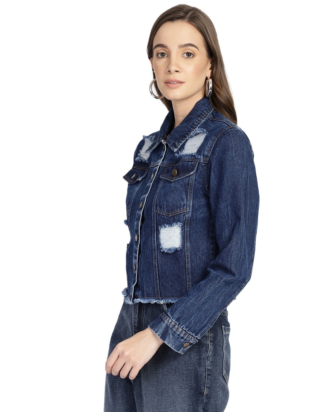 PUELLA Women Blue Distressed Cropped Denim Jacket