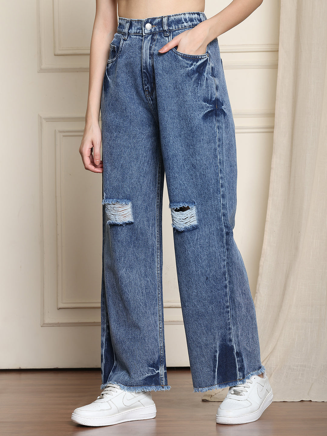 PUELLA Women Mid-Blue Distressed Wide-Leg Jeans