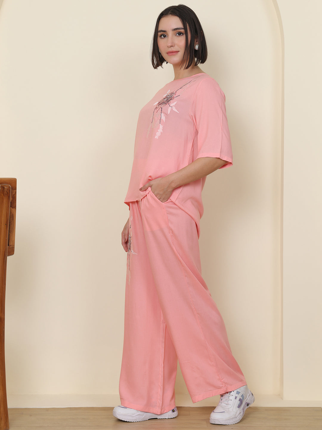 PUELLA Women Peach Embroidered Pure Cotton Co-ord Set