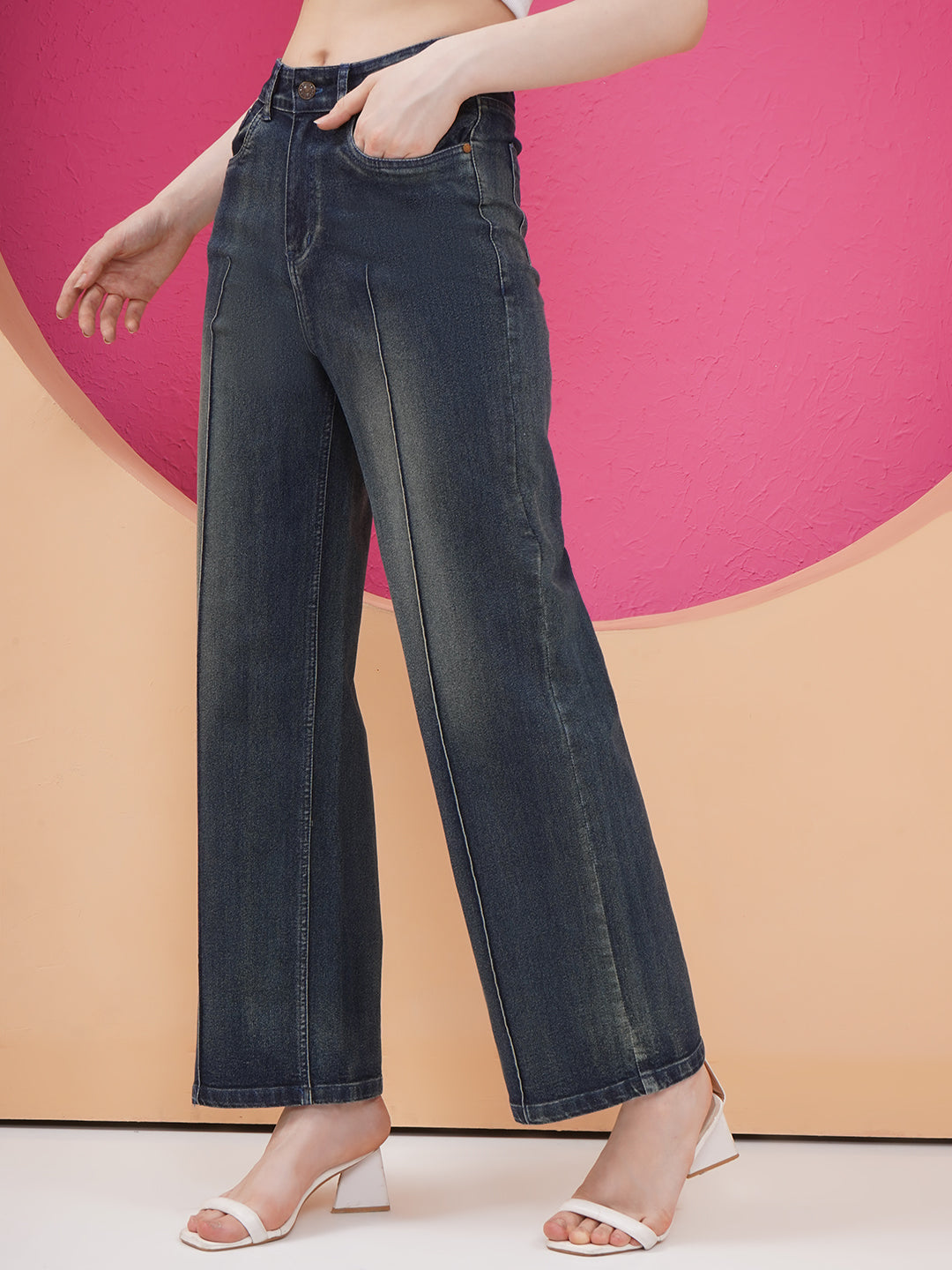 PUELLA Women Dark Indigo High-Rise Wide-Leg Jeans