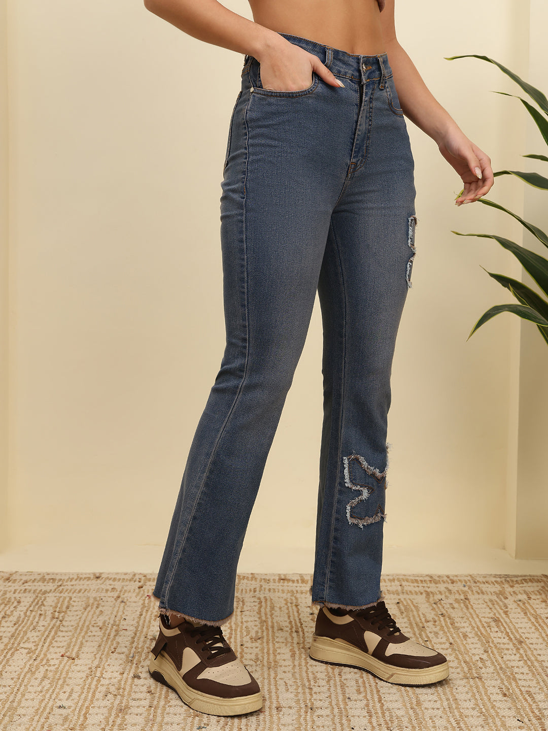 Women’s Blue High-Rise Flare Jeans with Frayed Patch Design