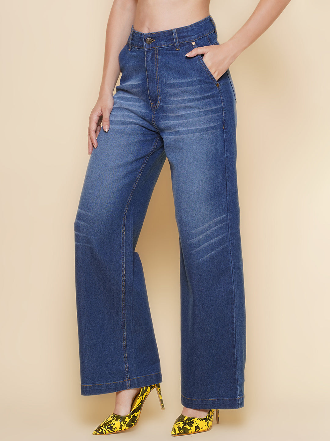 PUELLA Women’s Mid-Blue High-Rise Wide-Leg Jeans