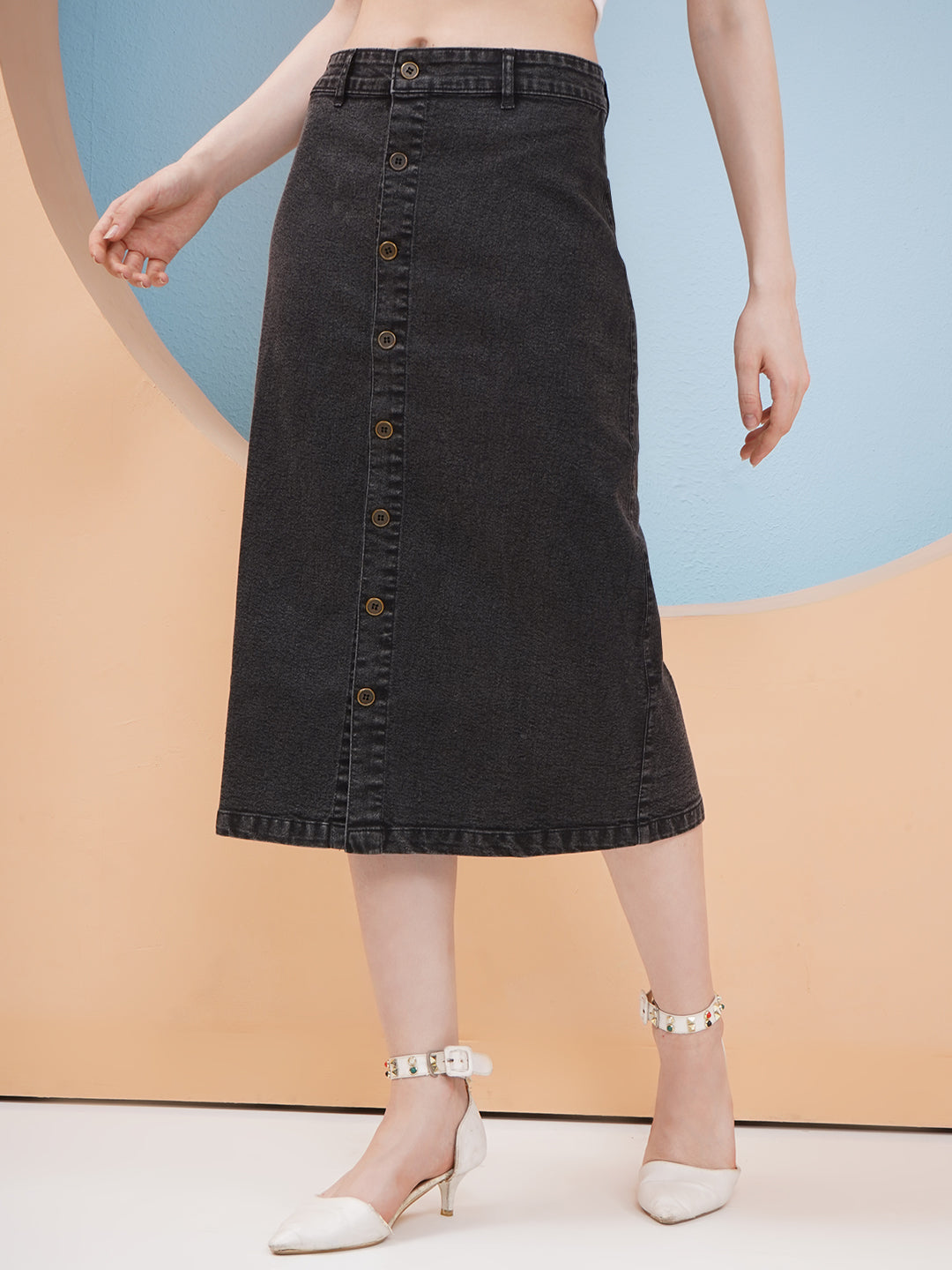 PUELLA Women’s Charcoal Grey Button-Down Denim Midi Skirt