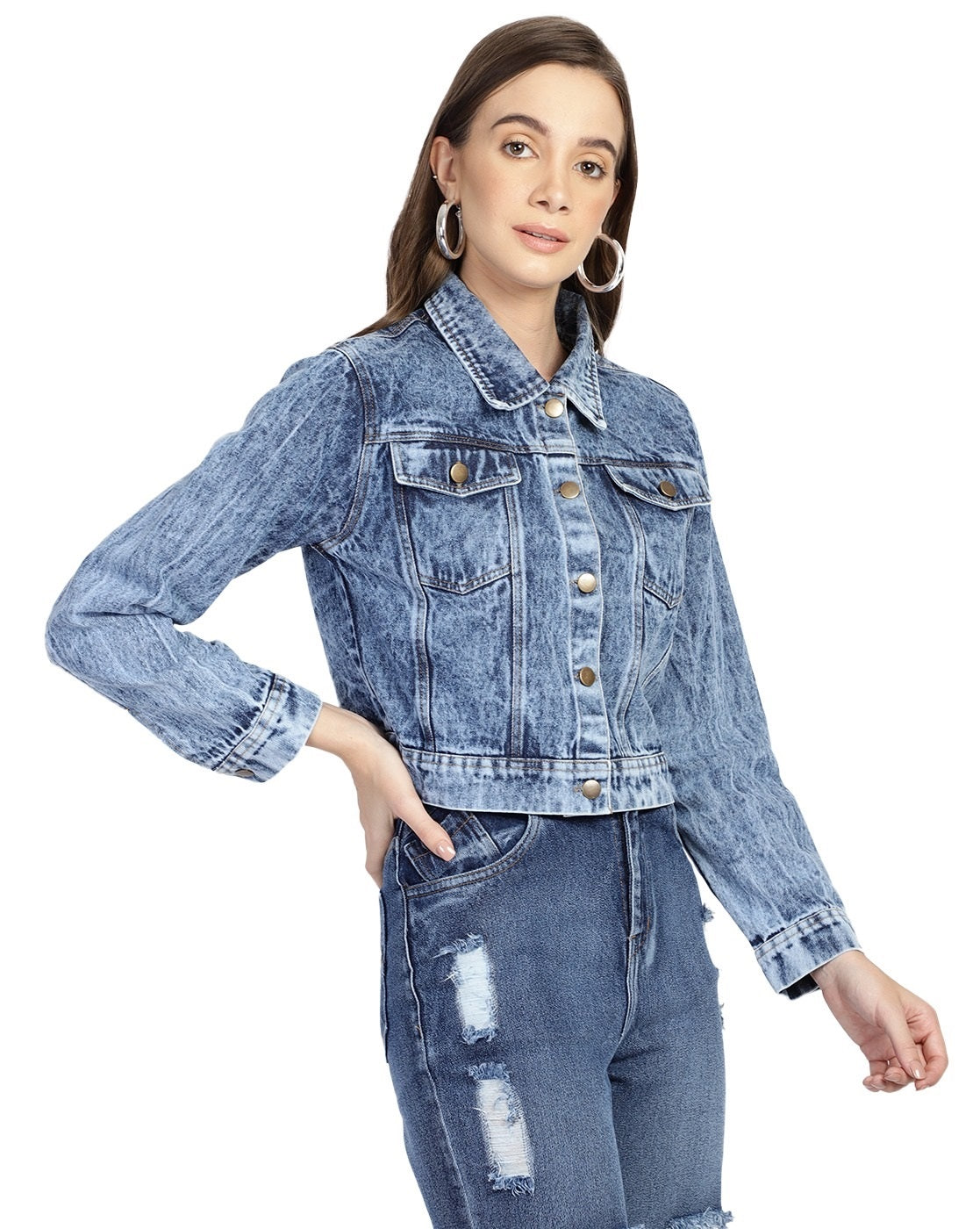 PUELLA Women’s Light Blue Acid Wash Cropped Denim Jacket with Button Closure