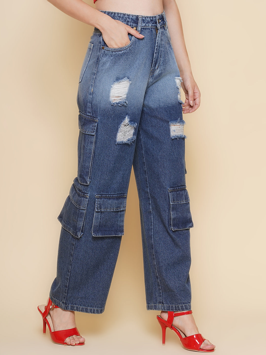 PUELLA Women Blue High-Rise Distressed Cargo Jeans