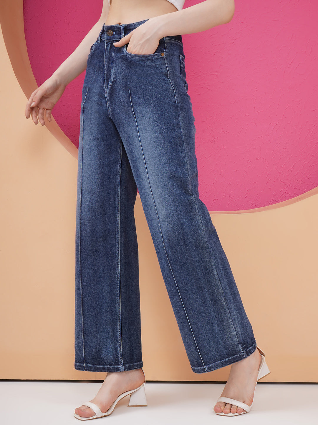 PUELLA Women Dark Blue High-Rise Wide-Leg Jeans