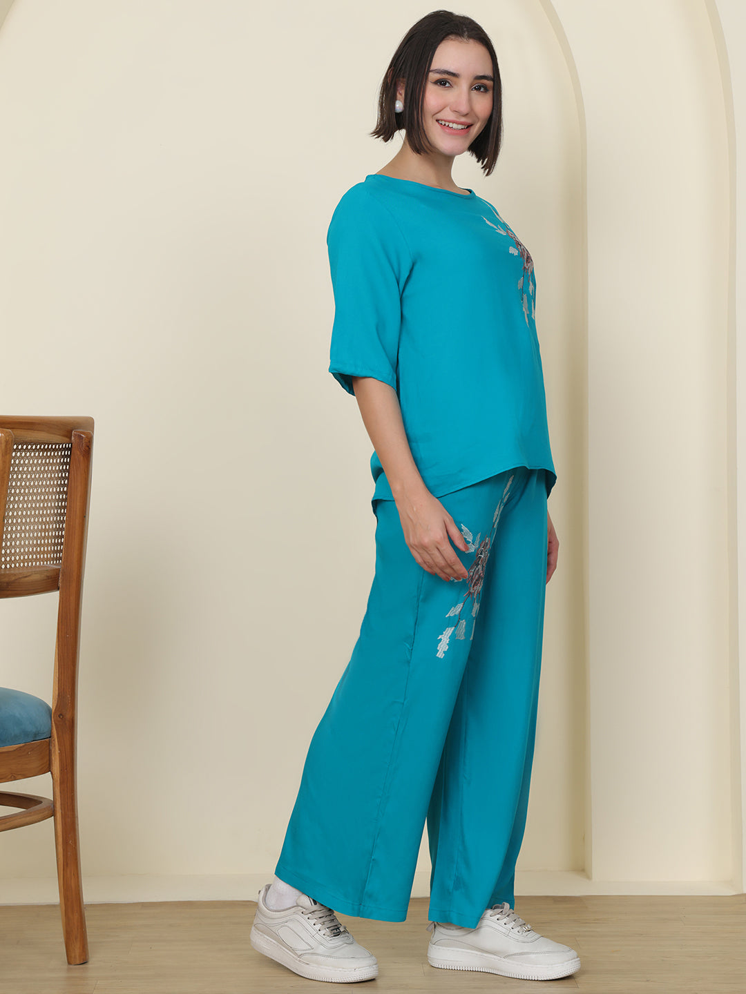 PUELLA Women Teal Blue Embroidered Pure Cotton Co-ord Set