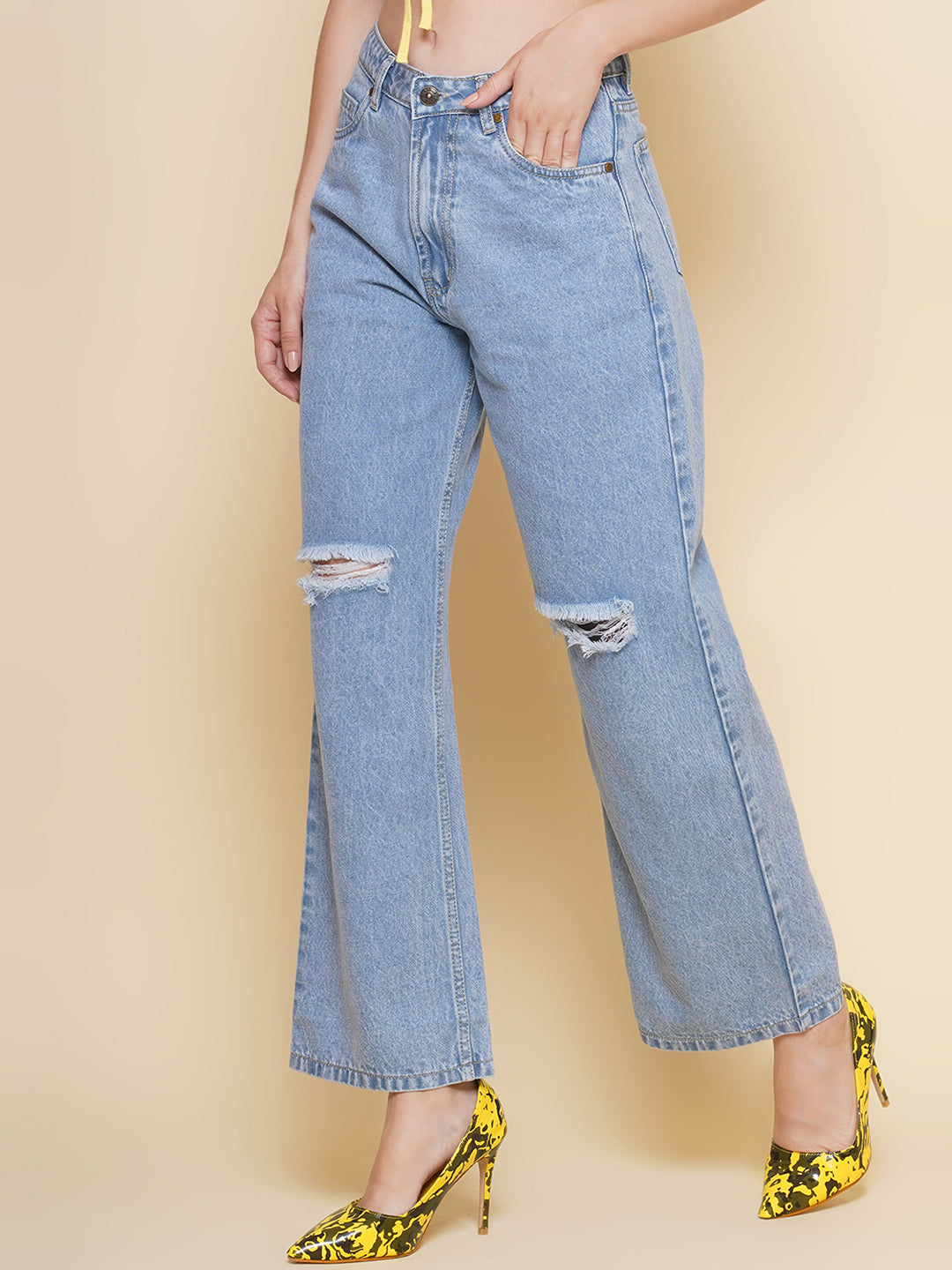 PUELLA Women’s Light Blue Distressed Wide-Leg Jeans