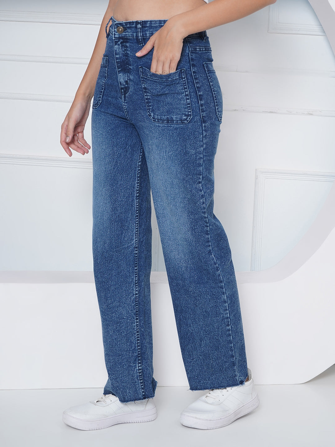 PUELLA Women Dark Blue High-Rise Straight Fit Utility Pocket Jeans