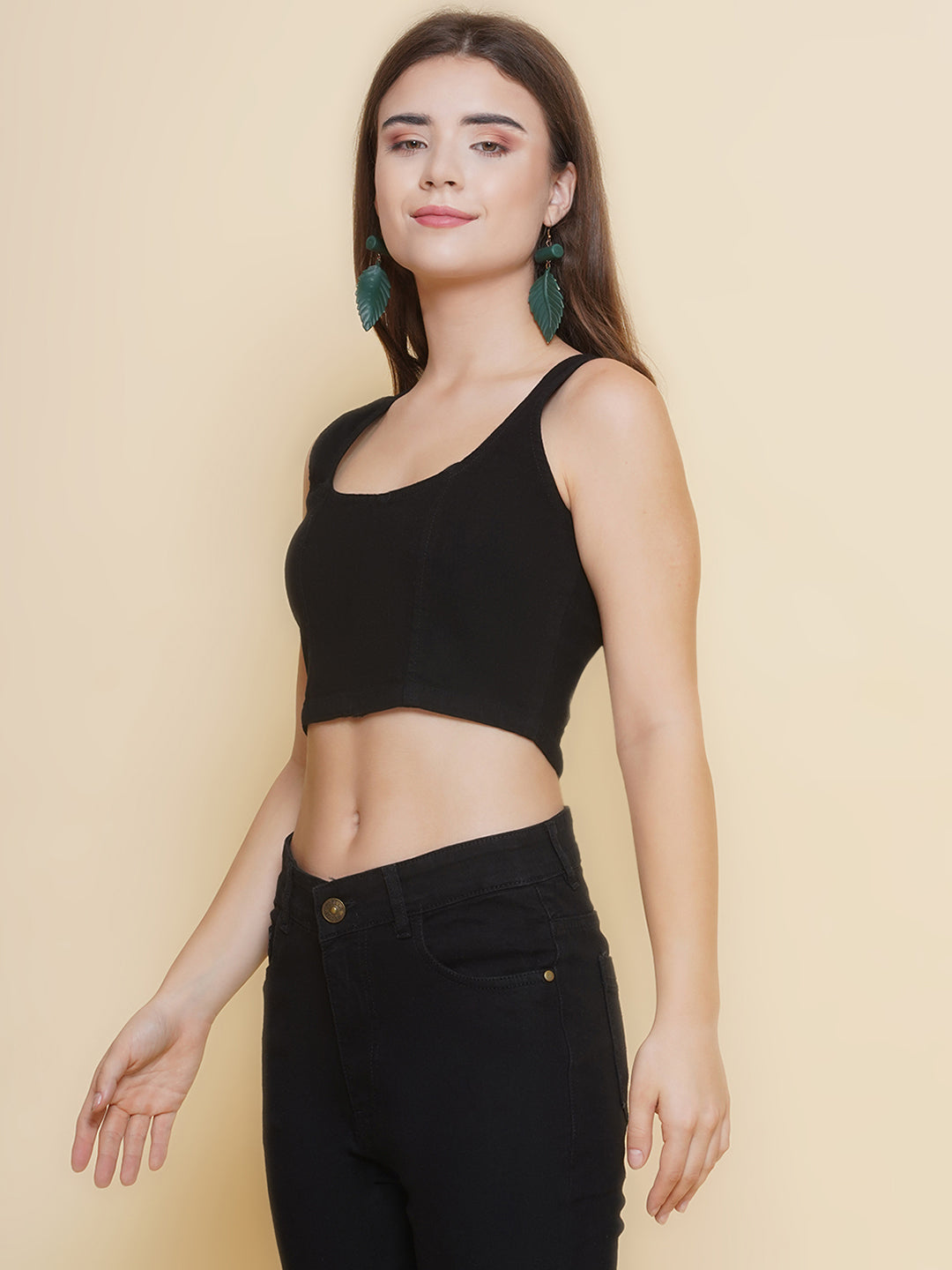 PUELLA Women’s Black Denim Scoop Neck Sleeveless Crop Tank Top