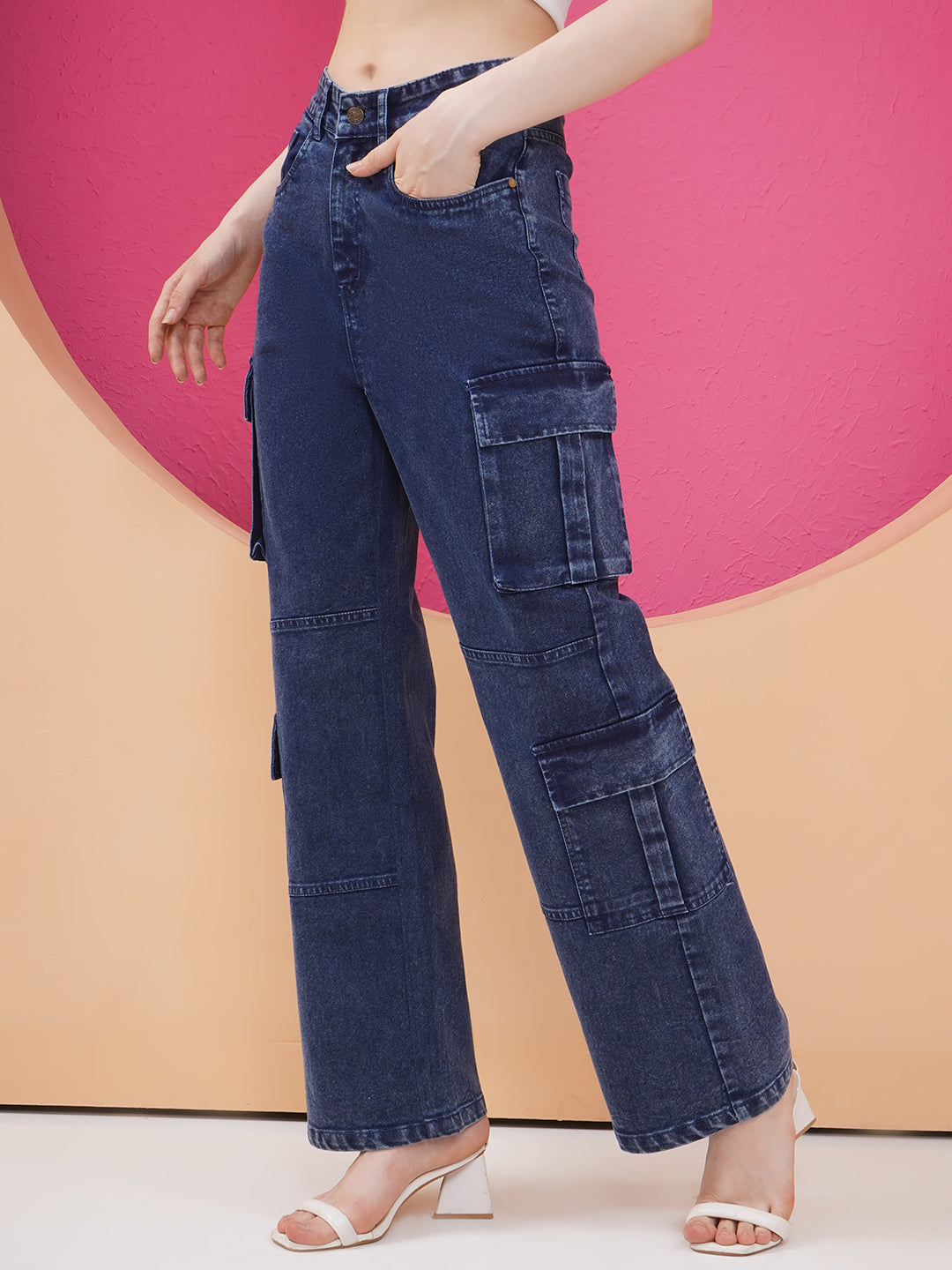 PUELLA Women Dark Blue High-Rise Cargo Wide-Leg Jeans
