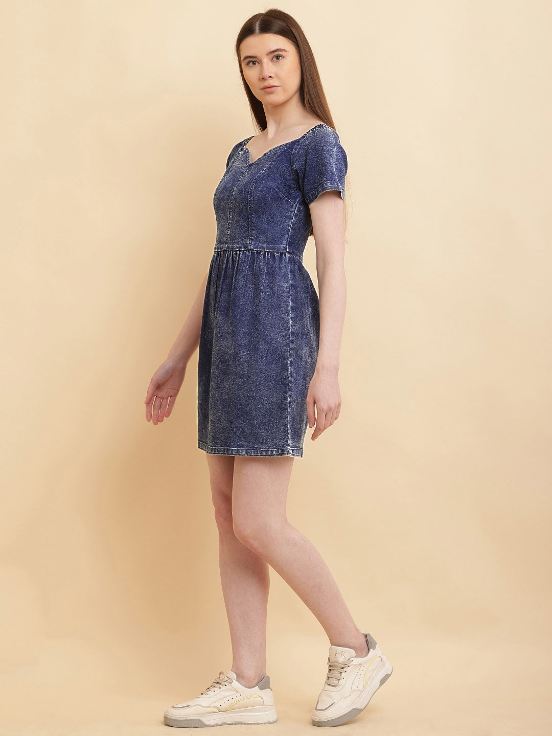 PUELLA Women Blue Solid Denim Sweetheart Neck Mini Dress